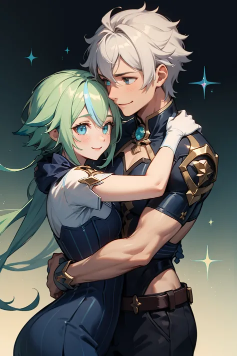 male and female hugging each other, the femal has cute shiny smile and beautiful eyes and the male has a cute smile and soft boy