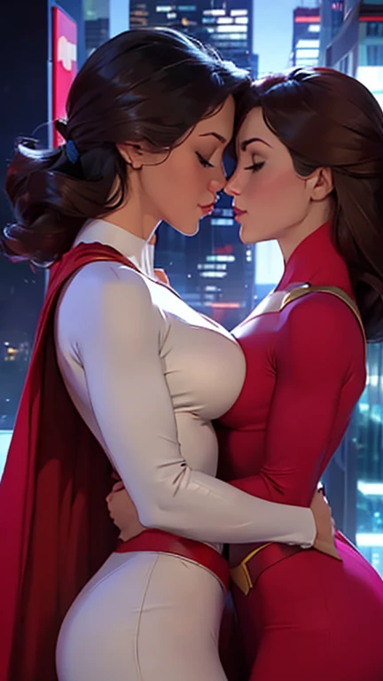 Two girls. Masterpiece. Two busty babes. Gloomy city, night, dim lights, under pouring rain. On skyscrapers roof tops, two hugely busty babes are kissing, holding each other by the ass. First, Supergirl in her signature blue and red outfit, with logo on chest and a red cape. Second, Power Girl in her signature white outfit with a cutout on the chest, red cape attached on left side of outfit. Two girls together. Girl power. Girl passionate love. HD. High quality.