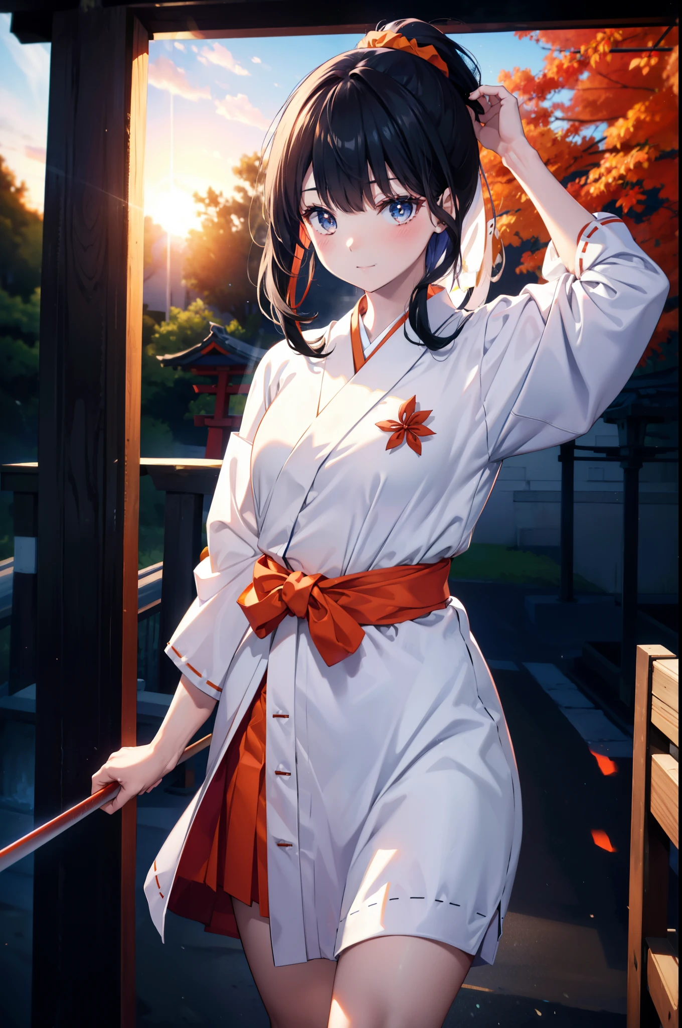 Rikka body,  Black Hair, blue eyes, Long Hair, orange Scrunchie, Scrunchie, wrist Scrunchie,smile,blush,White Kimono, kimono,Red Hakama,White tabi,Sandals Wide Sleeve, Long sleeve, Ribbon-trimmed sleeves,  Blunt bangs, low ponytail, Are standing,whole bodyがイラストに入るように,sunset,evening,The sun is setting,
break outdoors, shrine,torii,
break looking at viewer, whole body, (Cowboy Shot:1. 5),
break (masterpiece:1.2), Highest quality, High resolution, unity 8k wallpaper, (figure:0.8), (Beautiful attention to detail:1.6), Highly detailed face, Perfect lighting, Highly detailed CG, (Perfect hands, Perfect Anatomy),