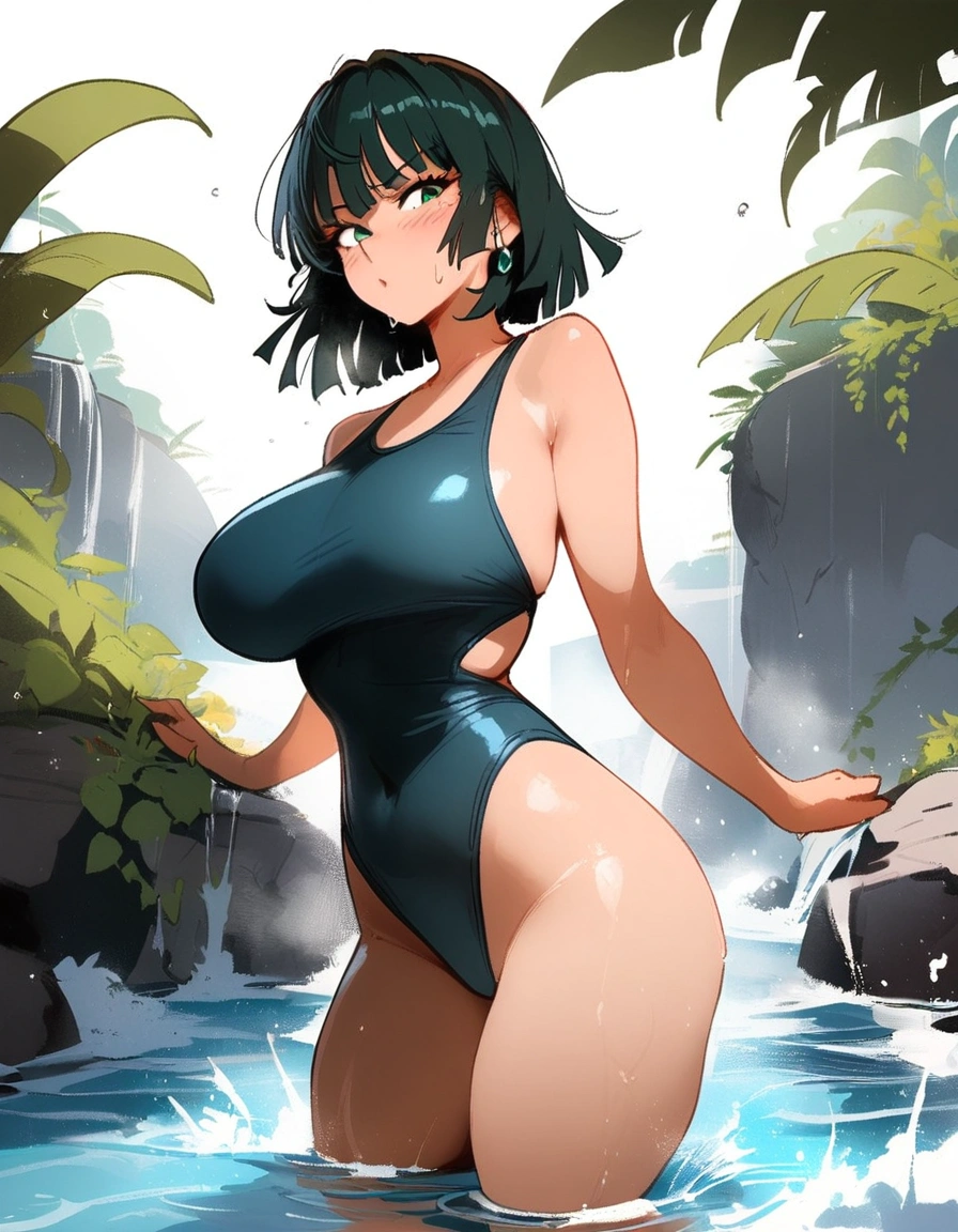 1girl, fubuki \(one-punch man\), one-punch man \\\\\ masterpiece, best quality, newest, , ///// nyantcha, khyle, cutesexyrobutts \\\\\ big breasts, thin waist, sweatdrop, blush, one-piece swimsuit,, solo, greenery, cropped legs, in water, looking at viewer