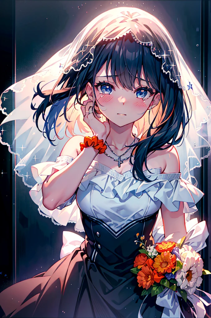 Rikka body,  Black Hair, blue eyes, Long Hair, orange Scrunchie, Scrunchie, wrist Scrunchie,smile,blush,off-the-shoulder wedding dresses,wedding long skirt,necklace,Veil,bouquet,Please close your eyes.,Tears stream down her face,Tears of joy,I cry a lot,　　　　　　　　　　　　 
 break looking at viewer, whole body,(Cowboy Shot:1. 5) 　　　　　　　　　　　　　　　　　　　break indoors, Chapel,church, 　　　　　　　　　　　break (masterpiece:1.2), Highest quality, High resolution, unity 8k wallpaper, (shape:0.8), (Beautiful attention to detail:1.6), Highly detailed face, Perfect lighting, Extremely detailed CG, (Perfect hands, Perfect Anatomy),