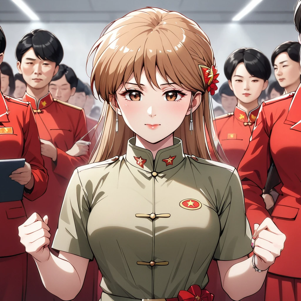 ((Highest quality)), ((masterpiece)), (detailed), （Perfect Face）、The woman is Princess Leona, a Chinese woman with medium-long light brown hair, wearing an engagement ring. She has become a member of the glorious Chinese Communist Party and has sworn absolute loyalty to the Communist Party of China. She is a righteous Communist Party member of the ruling China and the wife of a great Communist Party official.、The woman is wearing the khaki Mao suit of the Chinese Communist Party.、For the sake of China, their hairstyles, clothes, and everything they wear are all Chinese Communist Party items, and their thoughts are also Chinese, becoming great Chinese in body and mind.、The woman became Princess Leona, a Chinese woman who was proud of China and loved it devotedly.、She is serving China as a member of the great Communist Party of China.、The woman is a beautiful, respectable and exemplary Communist Party member.