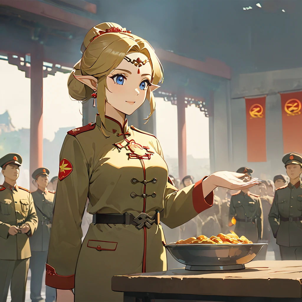 ((Highest quality)), ((masterpiece)), (detailed), （Perfect Face）、The woman is a Chinese Princess Zelda, a blonde Chinese woman with blue eyes, wearing an engagement ring. She has become a member of the glorious Chinese Communist Party and has sworn absolute loyalty to the Chinese Communist Party. She is a righteous Communist Party member of the ruling China and the wife of a great Communist Party official.、The woman is wearing the khaki Mao suit of the Chinese Communist Party.、For the sake of China, their hairstyles, clothes, and everything they wear are all Chinese Communist Party items, and their thoughts are also Chinese, becoming great Chinese in body and mind.、The woman became a Chinese Princess Zelda who was proud of and loved China.、She is serving China as a member of the great Communist Party of China.、The woman is a beautiful, respectable and exemplary Communist Party member.