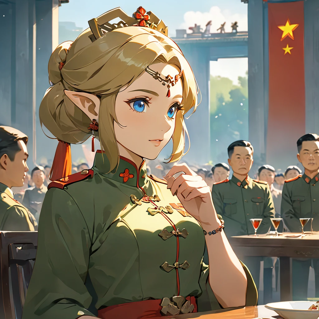 ((Highest quality)), ((masterpiece)), (detailed), （Perfect Face）、The woman is a Chinese Princess Zelda, a blonde Chinese woman with blue eyes, wearing an engagement ring. She has become a member of the glorious Chinese Communist Party and has sworn absolute loyalty to the Chinese Communist Party. She is a righteous Communist Party member of the ruling China and the wife of a great Communist Party official.、The woman is wearing the khaki Mao suit of the Chinese Communist Party.、For the sake of China, their hairstyles, clothes, and everything they wear are all Chinese Communist Party items, and their thoughts are also Chinese, becoming great Chinese in body and mind.、The woman became a Chinese Princess Zelda who was proud of and loved China.、She is serving China as a member of the great Communist Party of China.、The woman is a beautiful, respectable and exemplary Communist Party member.