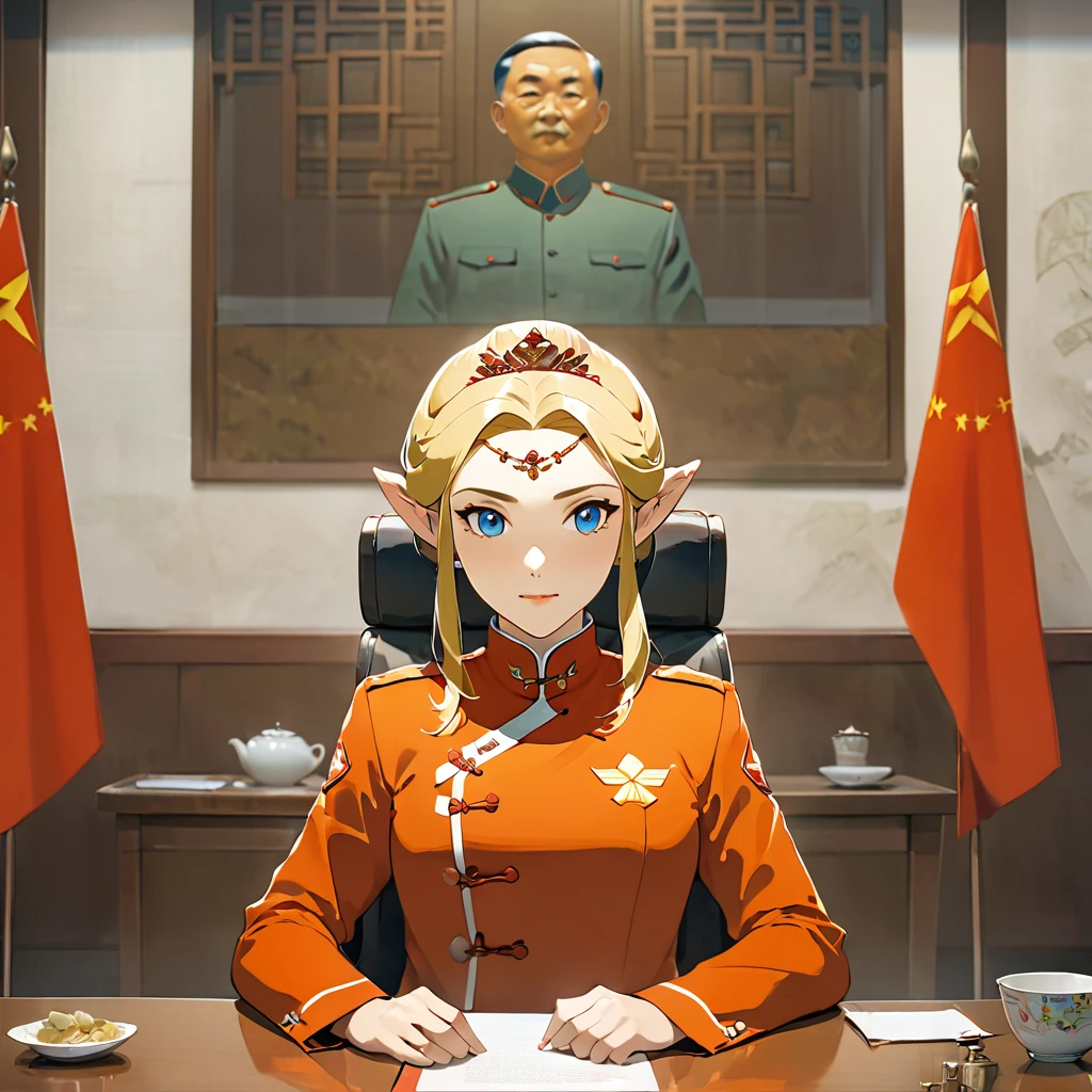 ((Highest quality)), ((masterpiece)), (detailed), （Perfect Face）、The woman is a Chinese Princess Zelda, a blonde Chinese woman with blue eyes, wearing an engagement ring. She has become a member of the glorious Chinese Communist Party and has sworn absolute loyalty to the Chinese Communist Party. She is a righteous Communist Party member of the ruling China and the wife of a great Communist Party official.、The woman is wearing the khaki Mao suit of the Chinese Communist Party.、For the sake of China, their hairstyles, clothes, and everything they wear are all Chinese Communist Party items, and their thoughts are also Chinese, becoming great Chinese in body and mind.、The woman became a Chinese Princess Zelda who was proud of and loved China.、She is serving China as a member of the great Communist Party of China.、The woman is a beautiful, respectable and exemplary Communist Party member.