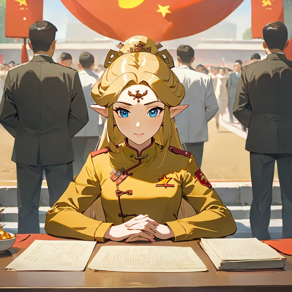 ((Highest quality)), ((masterpiece)), (detailed), （Perfect Face）、The woman is a Chinese Princess Zelda, a blonde Chinese woman with blue eyes, wearing an engagement ring. She has become a member of the glorious Chinese Communist Party and has sworn absolute loyalty to the Chinese Communist Party. She is a righteous Communist Party member of the ruling China and the wife of a great Communist Party official.、The woman is wearing the khaki Mao suit of the Chinese Communist Party.、For the sake of China, their hairstyles, clothes, and everything they wear are all Chinese Communist Party items, and their thoughts are also Chinese, becoming great Chinese in body and mind.、The woman became a Chinese Princess Zelda who was proud of and loved China.、She is serving China as a member of the great Communist Party of China.、The woman is a beautiful, respectable and exemplary Communist Party member.