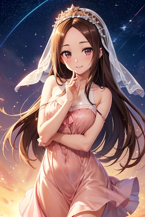 takagi-san、shiny brown hair, straight long hair,((medium chest、forehead、center part))、 beautiful brown eyes、smile、sparkling eyes...