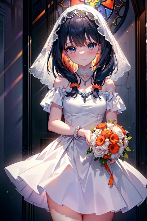 rikka body,  black hair, blue eyes, long hair, orange scrunchie, scrunchie, wrist scrunchie,smile,blush,off-the-shoulder wedding...