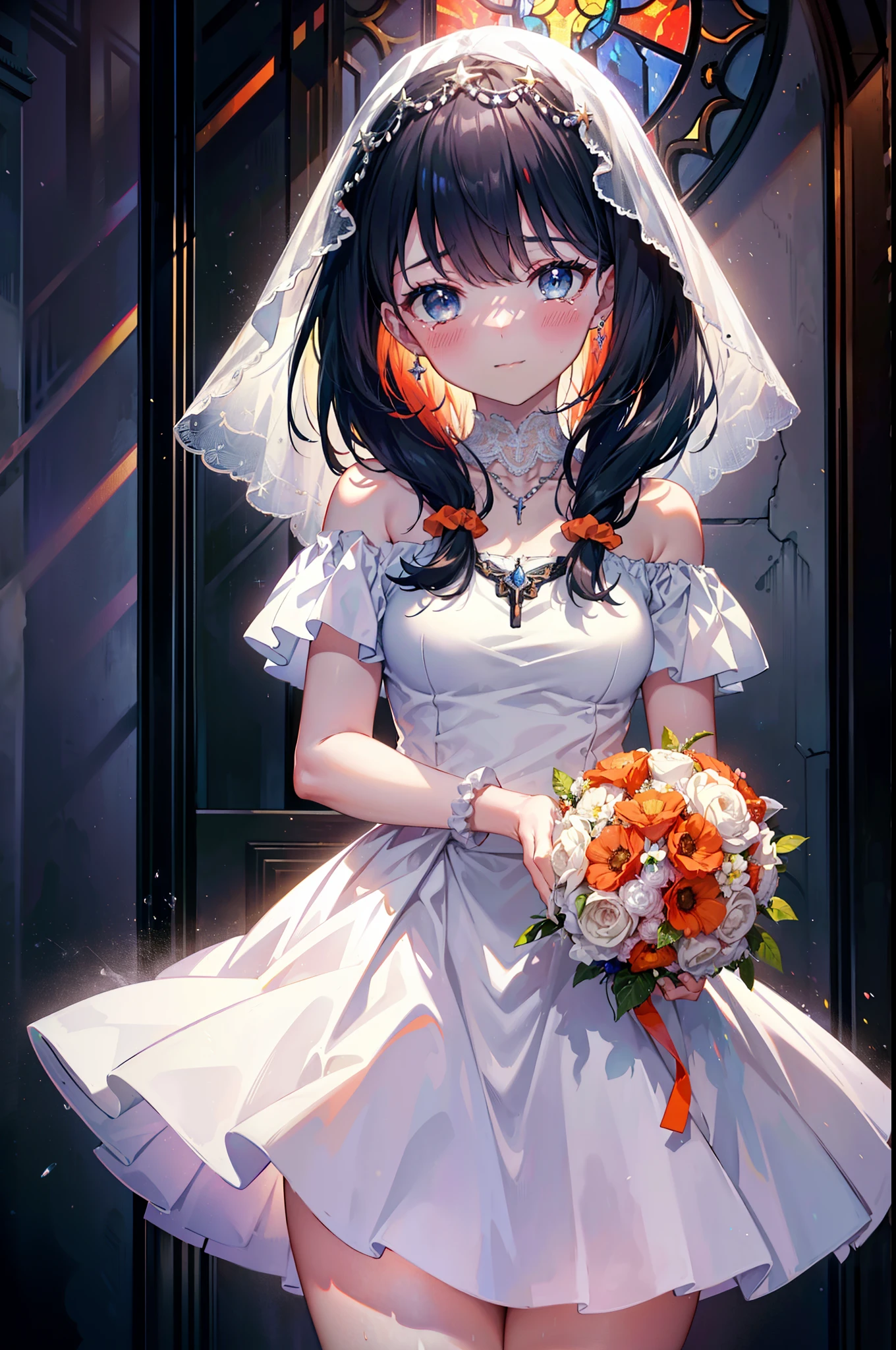 Rikka body,  Black Hair, blue eyes, Long Hair, orange Scrunchie, Scrunchie, wrist Scrunchie,smile,blush,off-the-shoulder wedding dresses,wedding long skirt,necklace,Veil,Holding a bouquet in both hands,,Please close your eyes.,Tears stream down her face,Tears of joy,I cry a lot,Stained glass,　　　　　　　　　　　　 
 break looking at viewer, whole body,(Cowboy Shot:1. 5) 　　　　　　　　　　　　　　　　　　　break indoors, Chapel,church, 　　　　　　　　　　　break (masterpiece:1.2), Highest quality, High resolution, unity 8k wallpaper, (shape:0.8), (Beautiful attention to detail:1.6), Highly detailed face, Perfect lighting, Extremely detailed CG, (Perfect hands, Perfect Anatomy),