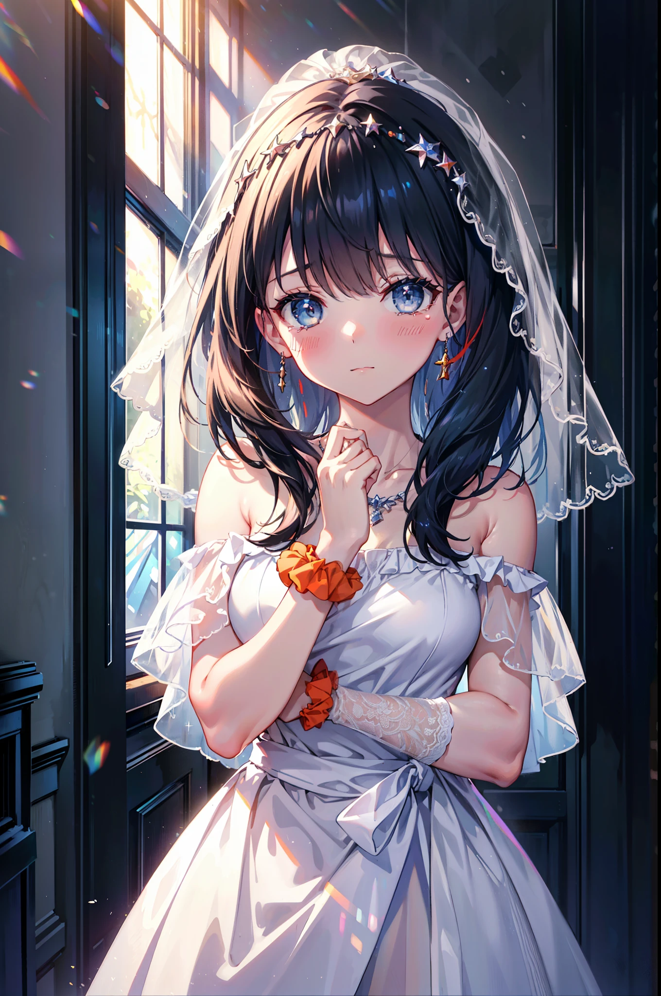 Rikka body,  Black Hair, blue eyes, Long Hair, orange Scrunchie, Scrunchie, wrist Scrunchie,smile,blush,off-the-shoulder wedding dresses,necklace,Veil,Holding a bouquet in both hands,,Please close your eyes.,Tears stream down her face,Tears of joy,I cry a lot,Stained glass,　　　　　　　　　　　　 
 break looking at viewer, whole body,(Cowboy Shot:1. 5) 　　　　　　　　　　　　　　　　　　　break indoors, Chapel,church, 　　　　　　　　　　　break (masterpiece:1.2), Highest quality, High resolution, unity 8k wallpaper, (shape:0.8), (Beautiful attention to detail:1.6), Highly detailed face, Perfect lighting, Extremely detailed CG, (Perfect hands, Perfect Anatomy),