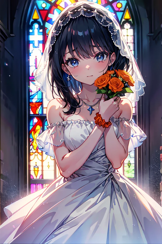 Rikka body,  Black Hair, blue eyes, Long Hair, orange Scrunchie, Scrunchie, wrist Scrunchie,happy smile, smile, Open your mouth,blush,off-the-shoulder wedding dresses,necklace,Veil,Holding a bouquet in both hands,,Please close your eyes.,Tears stream down her face,Tears of joy,I cry a lot,Stained glass,　　　　　　　　　　　　 
 break looking at viewer, whole body,(Cowboy Shot:1. 5) 　　　　　　　　　　　　　　　　　　　break indoors, Chapel,church, 　　　　　　　　　　　break (masterpiece:1.2), Highest quality, High resolution, unity 8k wallpaper, (shape:0.8), (Beautiful attention to detail:1.6), Highly detailed face, Perfect lighting, Extremely detailed CG, (Perfect hands, Perfect Anatomy),