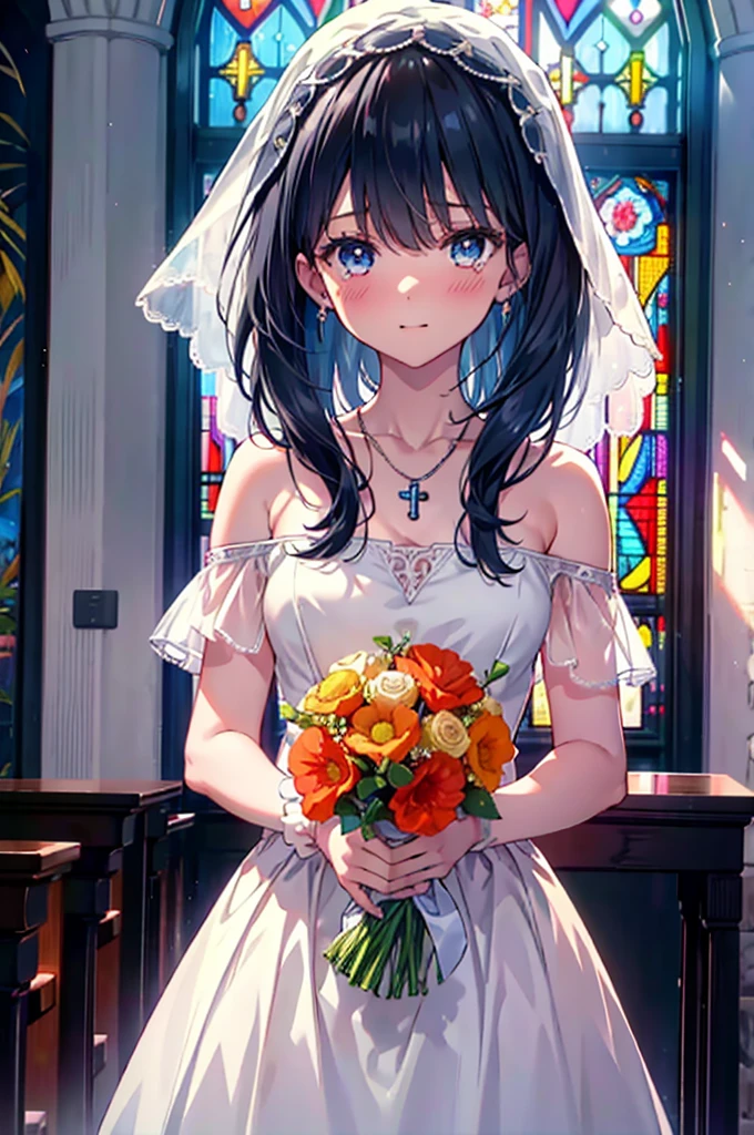 Rikka body,  Black Hair, blue eyes, Long Hair, orange Scrunchie, Scrunchie, wrist Scrunchie,happy smile, smile, Open your mouth,blush,off-the-shoulder wedding dresses,necklace,Veil,Holding a bouquet in both hands,,Please close your eyes.,Tears stream down her face,Tears of joy,I cry a lot,Stained glass,　　　　　　　　　　　　 
 break looking at viewer, whole body,(Cowboy Shot:1. 5) 　　　　　　　　　　　　　　　　　　　break indoors, Chapel,church, 　　　　　　　　　　　break (masterpiece:1.2), Highest quality, High resolution, unity 8k wallpaper, (shape:0.8), (Beautiful attention to detail:1.6), Highly detailed face, Perfect lighting, Extremely detailed CG, (Perfect hands, Perfect Anatomy),