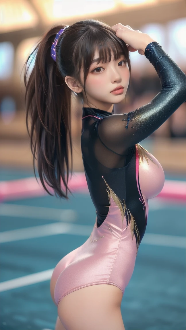 ((indoor, 新gymnastics arena, gymnastics arena:1.3)), ((Highly detailed skin), Beautiful realistic face, White skin, Pointed Chest, Small nipples, Perfect Anatomy, Realistic eyes, Natural eyes, Brown eyes, Accurate eye focus, Accurate limbs), (Hyper Realist, Ultra-realistic, 4K, Attention to detail, Ultra-high resolution, Highest quality, masterpiece, in front, dynamic, boost mood, bold, Sharpness), (Thinning hair:2), (Soft Hair:2), (Straight hair:1.5), length, sleek bangs, Light copper amber hair, Hair on one eye, (Twin tail hair), (Female gymnast, Detailed costume, She was wearing a tight-fitting long-sleeved leotard...:1.5), Glossy long-sleeved leotard, Metallic Color長袖レオタード, Racing long sleeve leotard, ((High leg long sleeve leotard, length sleeve leotard with crystal embellishment)), ({Metallic Red Color| Metallic purple color| Metallic white color| Metallic navy color| Metallic pink color| Metallic gold color| Metallic silver color| metallic black color| Metallic Color}length sleeve leotard colors), (Big Breasts:1.5), expensive, Elongated arms and legs, Tight waist, Small hips, The long-sleeved leotard is digging into her buttocks, Spread your legs, barefoot, Full body portrait, Photograph the whole body, Looking into the camera, Looking into the camera, smile, (Underhair does not grow back),