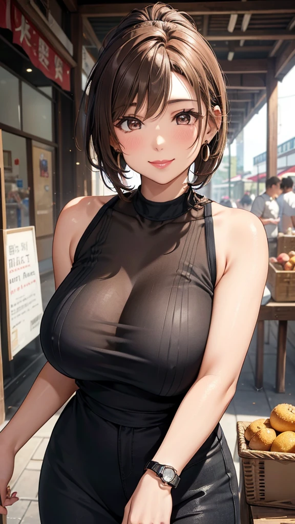 Female 26 years old，housewife，Sunlight，Smile，put on lipstick，Light brown curly short hair，A ponytail on the left，Slightly plump，huge firm breasts，market shopping，Wearing a watch on the right hand，half moon earrings，