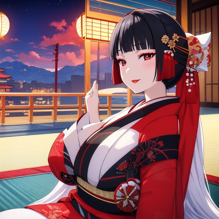 Geisha, geisha make up, light smile, red lips, kimono, red eyeshadow, black hair, black eyes, sit on tatami, looking at viewer, night, moonlight, (gigantic bust:1.4),