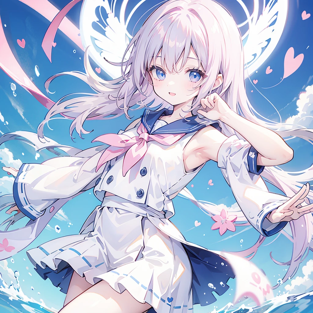 One Woman((biceps,happiness)) background((Pale pink,Lots of hearts))smile ,Gray Hair,Short bob blue eyes,Super Shining,Cute Sailor Uniform Super Pop Anime,Anime The Wind Blows,Jagged front,Raise your arms,floating