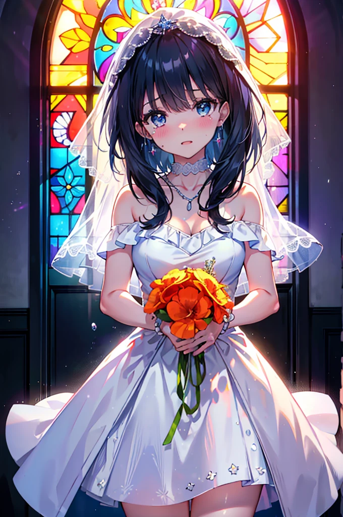 Rikka body,  Black Hair, blue eyes, Long Hair, orange Scrunchie, Scrunchie, wrist Scrunchie,happy smile, smile, Open your mouth,blush,off-the-shoulder wedding dresses,necklace,Veil,Holding a bouquet in both hands,,Please close your eyes.,Tears stream down her face,Tears of joy,I cry a lot,Stained glass,　　　　　　　　　　　　 
 break looking at viewer, whole body,(Cowboy Shot:1. 5) 　　　　　　　　　　　　　　　　　　　break indoors, Chapel,church, 　　　　　　　　　　　break (masterpiece:1.2), Highest quality, High resolution, unity 8k wallpaper, (shape:0.8), (Beautiful attention to detail:1.6), Highly detailed face, Perfect lighting, Extremely detailed CG, (Perfect hands, Perfect Anatomy),