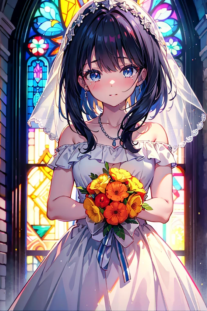 Rikka body,  Black Hair, blue eyes, Long Hair, orange Scrunchie, Scrunchie, wrist Scrunchie,happy smile, smile, Open your mouth,blush,off-the-shoulder wedding dresses,necklace,Veil,Holding a bouquet in both hands,,Please close your eyes.,Tears stream down her face,Tears of joy,I cry a lot,Stained glass,　　　　　　　　　　　　 
 break looking at viewer, whole body,(Cowboy Shot:1. 5) 　　　　　　　　　　　　　　　　　　　break indoors, Chapel,church, 　　　　　　　　　　　break (masterpiece:1.2), Highest quality, High resolution, unity 8k wallpaper, (shape:0.8), (Beautiful attention to detail:1.6), Highly detailed face, Perfect lighting, Extremely detailed CG, (Perfect hands, Perfect Anatomy),