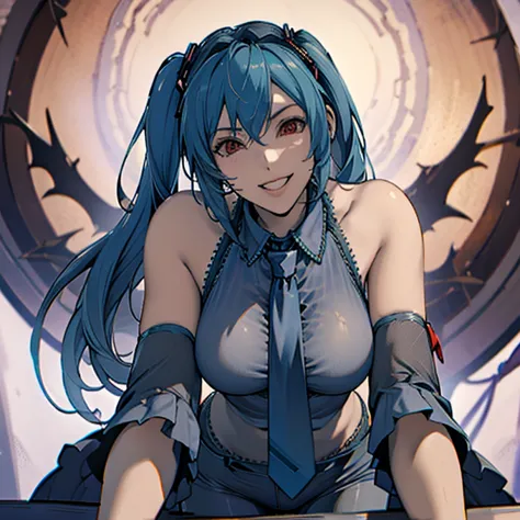 masterpiece, hatsune miku, white shirt, blue tie, exposing shoulders, the sleeves are separated, evil smiley face, dark skin, re...