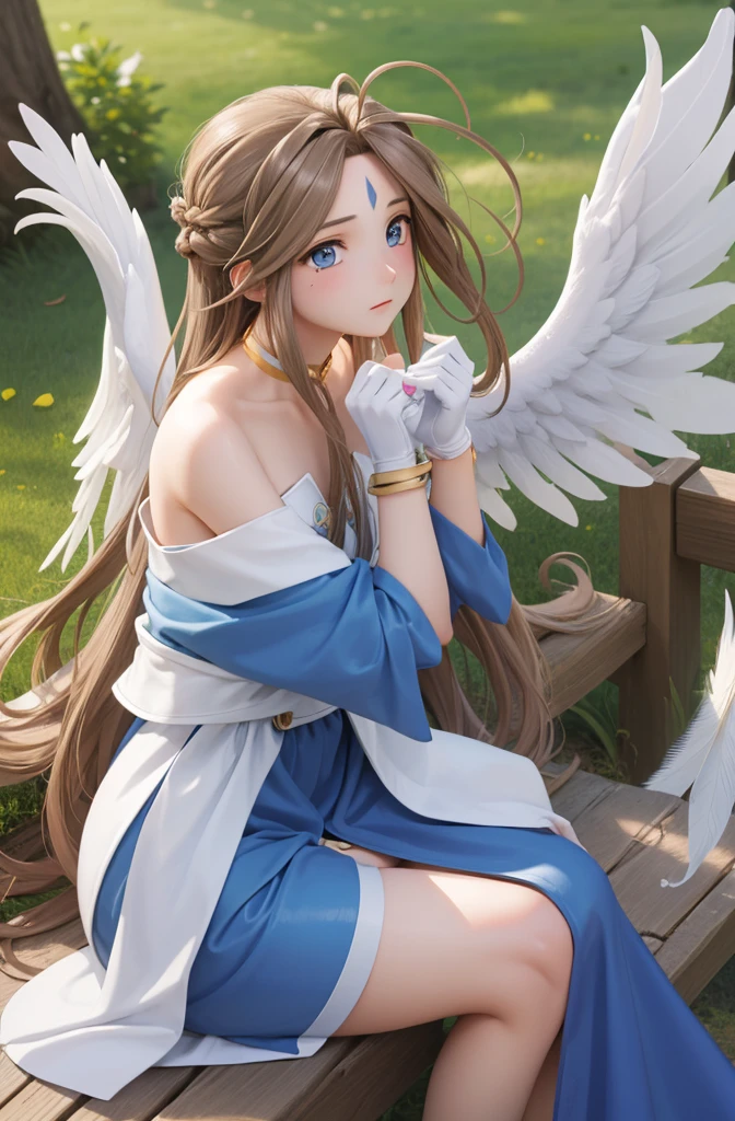 (masterpiece), Highest quality, High resolution, Belldandy, Long Hair, blue eyes, Brown Hair, Facial blemishes, Forehead mark, gloves, wing, choker, bracelet, ring, feather, angel wing, Side view:0.6, (For rest:1.1), Sitting,Perfect body