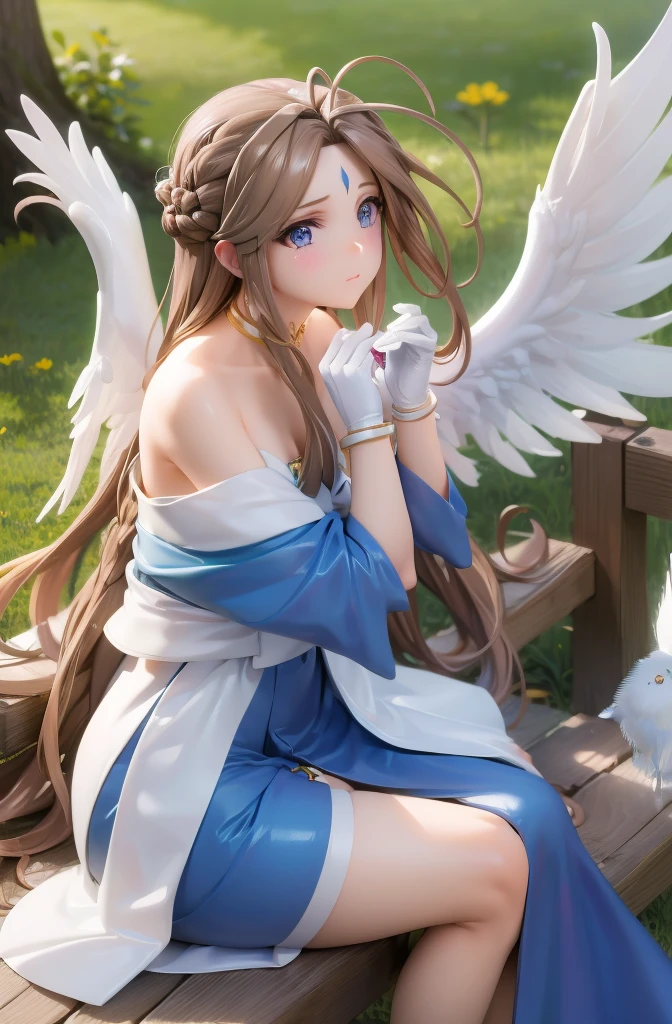 (masterpiece), Highest quality, High resolution, Belldandy, Long Hair, blue eyes, Brown Hair, Facial blemishes, Forehead mark, gloves, wing, choker, bracelet, ring, feather, angel wing, Side view:0.6, (For rest:1.1), Sitting,Perfect body