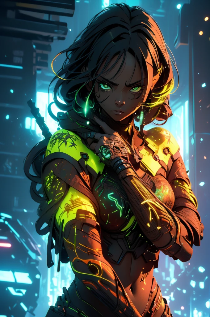 CYBORG STYLE CONCEPT ART (((Graffiti ART) (by Carne Griffiths)), (Super Detail), high detail, high quality, 8K, (masterpiece), Best quality, dark skin, black woman, full-length body, big breasts sticking out the tips of the chest, symmetrical, black hair, perfect face, intricate hair, side hair loop, Black shirt open, dominant figure, smug, frightening, cold, ((excellent shading)), mysterious figure, (neon yellow armor), ((dark background))