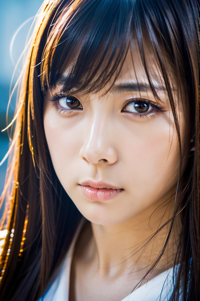 Masterpiece, 8K, high quality, high resolution, beautiful Japanese woman, 30 years old, poker face, glaring eyes, (detailed face, detailed eyes), looking at viewer, portrait