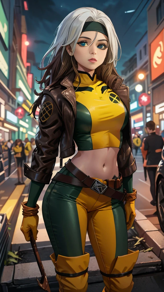 (Highly quality, masterpiece, detailed), night city detailed scenario, night city detailed background, 20 years old girl, solo, multi colored hair, white hair, brown hair, Superhero, Rogue, Xtreme, blue eyes, jacket, open clothes, belt, open jacket, headband, cropped legs, leather, leather jacket, green pants, yellow pants, yellow leather top, green leather top, crop top, navel, perfect face, beautiful eyes, perfect eyes, looking at the viewer, Sexy pose