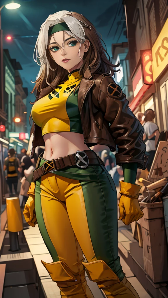 (Highly quality, masterpiece, detailed), night city detailed scenario, night city detailed background, 20 years old girl, solo, multi colored hair, white hair, brown hair, Superhero, Rogue, Xtreme, blue eyes, jacket, open clothes, belt, open jacket, headband, cropped legs, leather, leather jacket, green pants, yellow pants, yellow leather top, green leather top, crop top, navel, perfect face, beautiful eyes, perfect eyes, looking at the viewer, Sexy pose