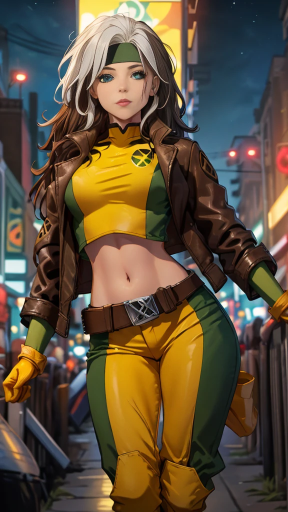 (Highly quality, masterpiece, detailed), night city detailed scenario, night city detailed background, 20 years old girl, solo, multi colored hair, white hair, brown hair, Superhero, Rogue, Xtreme, blue eyes, jacket, open clothes, belt, open jacket, headband, cropped legs, leather, leather jacket, green pants, yellow pants, yellow leather top, green leather top, crop top, navel, perfect face, beautiful eyes, perfect eyes, looking at the viewer, Sexy pose