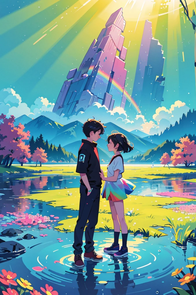 (masterpiece, best quality:1.1), (ultra highres, ultra-detailed:1.2) ,(silhouette of couple stands in the middle of lake),boy and girl, (crystal raindrops around them), rainbows,The light from the sun is reflected on the surface of the lake., digital art, colorful, beautiful colors, bright colors, colorful paint splashes, vibrant colors, vivid colors, high resolution, hyper-realistic, highly detailed.