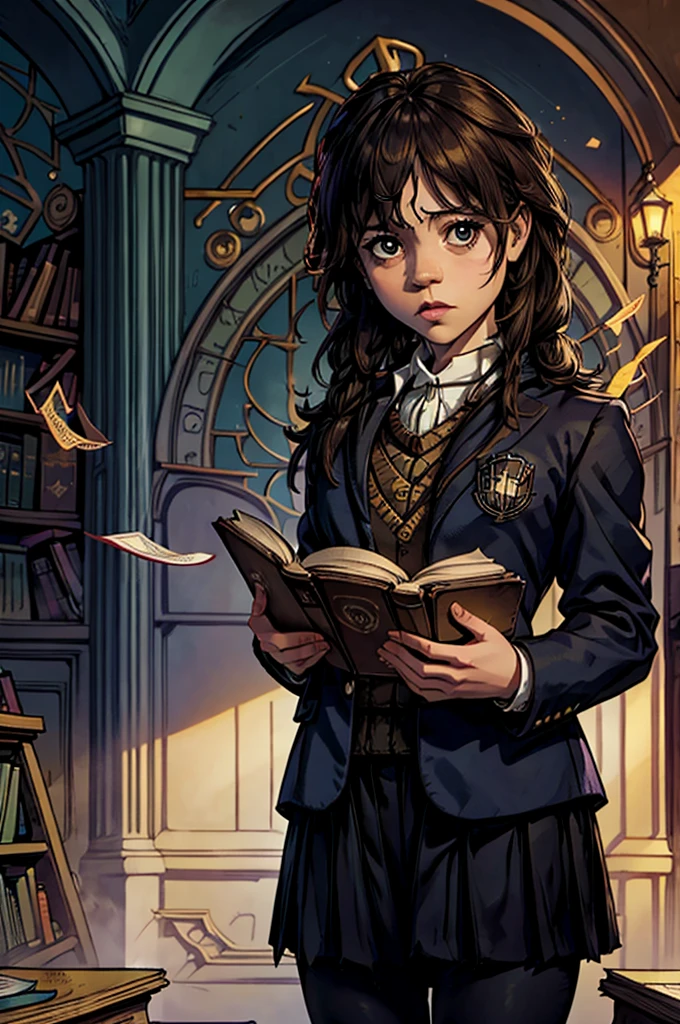 score_9, score_8, score_7_up, magic academy, library, Hermione Granger, confused cute chibi Cthulhu student, reading book, question marks floating over head, bemused teacher standing behind student, Hogwarts (/Harry Potter/)