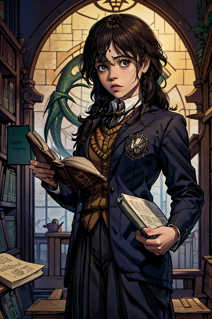 score_9, score_8, score_7_up, magic academy, library, Hermione Granger, confused cute chibi Cthulhu student, reading book, question marks floating over head, bemused teacher standing behind student, Hogwarts (/Harry Potter/)