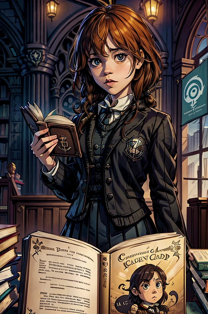 Punktzahl_9, Punktzahl_8, Punktzahl_7_hoch, Zauberakademie, Bibliothek, Hermine Granger, verwirrter süßer Chibi Cthulhu-Student, Buch lesen, Fragezeichen schweben über dem Kopf, Verwirrter Lehrer steht hinter Schüler, Hogwarts (/Harry Potter/)