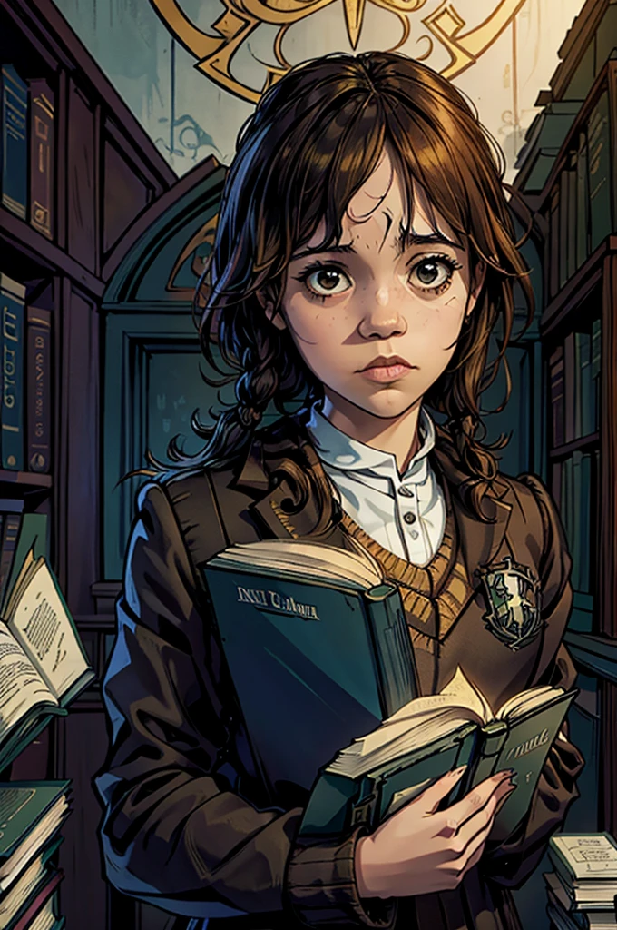 score_9, score_8, score_7_up, magic academy, library, Hermione Granger, confused cute chibi Cthulhu student, reading book, question marks floating over head, bemused teacher standing behind student, Hogwarts (/Harry Potter/)