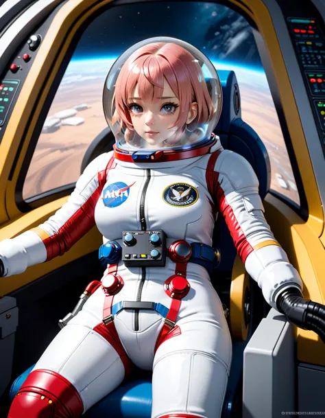 eva helm, spacesuit , astronaut), pink hair, bubble helmet, space helmet, (1girl:1.1) wearing a (spacesuit:1.15), white cargo pa...