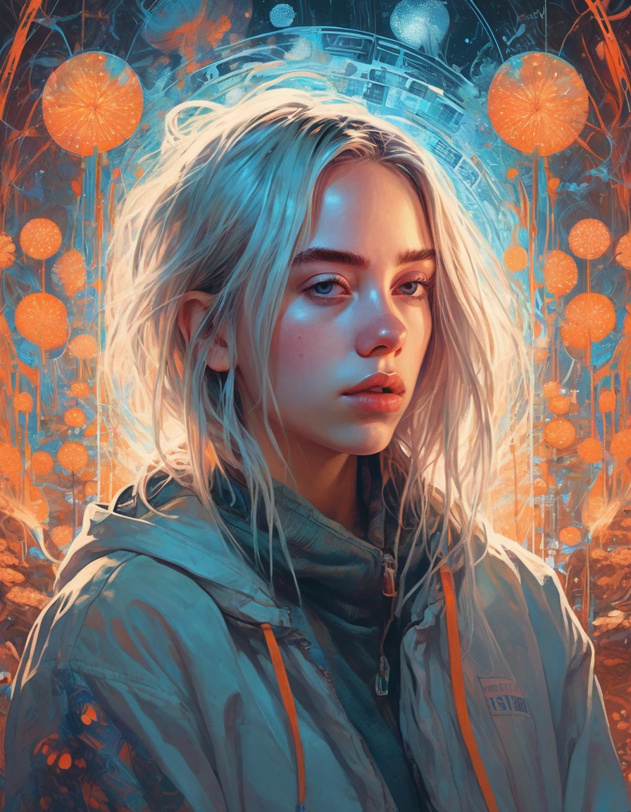 (Ohwx Woman) Very detailed, Digital paint, art station, standing, in front of the camera, Conceptual art, seeds, sharp focus, illustration, art by artgerm and alphonse mucha, high definition digital art, dramatic lighting, fractal networks in the background, al estilo de ilya kuvshinov y Ross tran