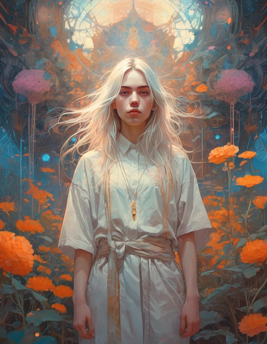 (Ohwx Woman) Very detailed, Digital paint, art station, standing, in front of the camera, Conceptual art, seeds, sharp focus, illustration, art by artgerm and alphonse mucha, high definition digital art, dramatic lighting, fractal networks in the background, al estilo de ilya kuvshinov y Ross tran