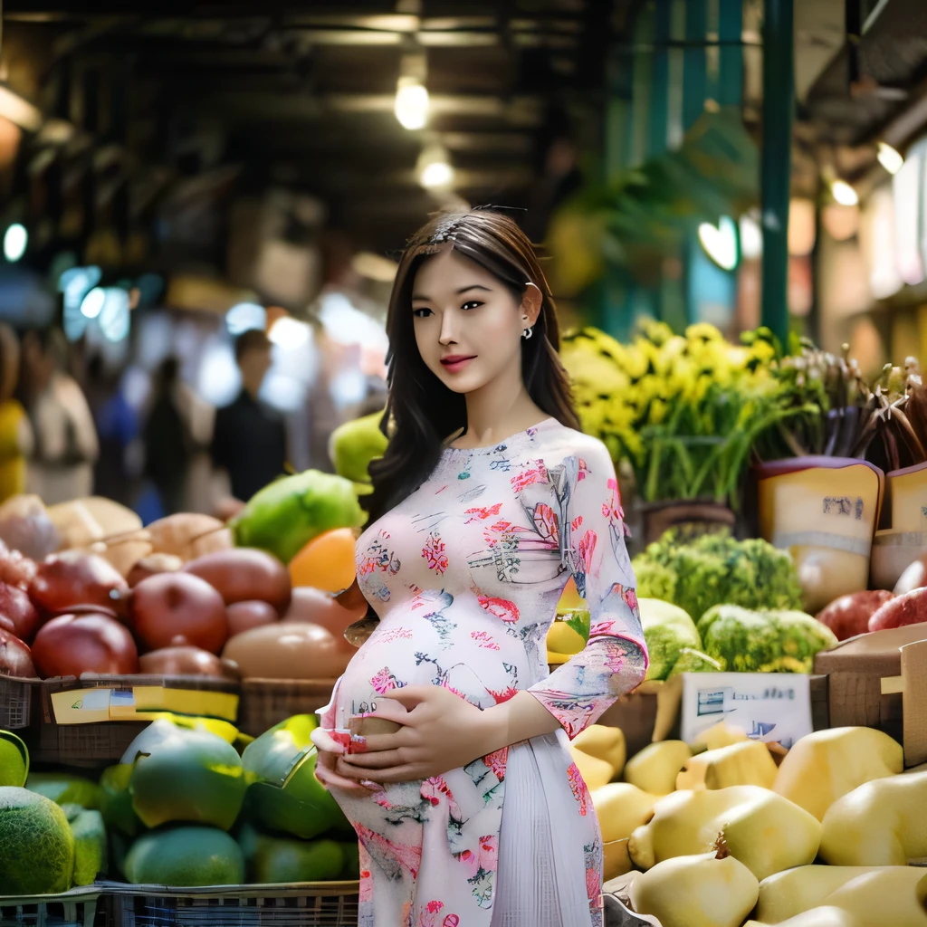 ((Ao Dai, big breasts, pregnant 40 weeks, beautiful breasts, standing in the middle of the market with many people around, 8k quality photo with good details))