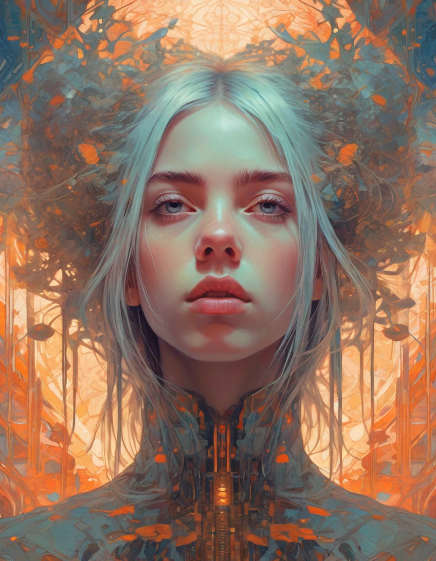 (Ohwx Woman) Very detailed, Digital paint, art station, standing, in front of the camera, Conceptual art, seeds, sharp focus, illustration, art by artgerm and alphonse mucha, high definition digital art, dramatic lighting, fractal networks in the background, al estilo de ilya kuvshinov y Ross tran