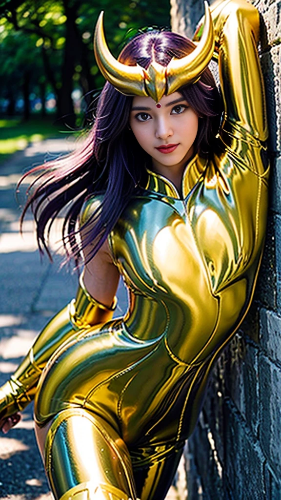 Ultra high saturation（masterpiece）， Full body image，（Best quality）， （1 Girl），Purple Hair,  Wearing shining golden armor，helmet， Breastplate，Scapula，（Scapula有各有个金身牛角往前弯曲），Expose the waistline，Showing belly，Show your thighs， Saint Seiya Armor， Messy hair，High Detail, True writing, Delicate facial features， Ultra HD, Textured Skin, Super Detail, Anatomically correct, high resolution，Ultra high saturation，High contrast，High-gloss armor，Smooth skin，An insidious sneer，modern style，（Background walking on a path in a park），Blur the background，Best quality， high quality，seductive smile