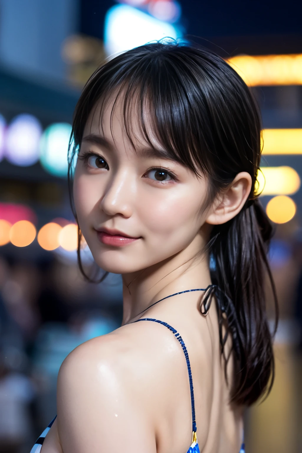 masterpiece, high quality,16K,8k,beautiful,Get used to it,Exquisite,extremely Get used to it, finely Get used to it, high quality, insanely Get used to it, ultra Get used to it, Ultra-high resolution, high quality, beautiful face, Japanese, Browsing Caution,(Micro Bikini:1.3),Wet,She is short,A woman holds her breasts with both hands, Illuminated by the neon lights of a busy downtown area on a rainy night.,Glowing Skin,Detail Skin,It gives me goosebumps,A small smile,upper_body