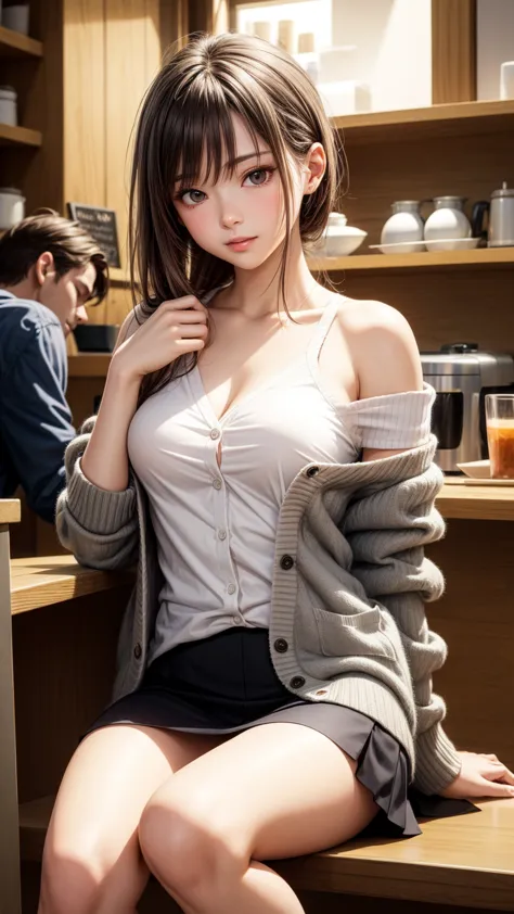 8K quality、high resolution、realistic skin texture、high resolutionの瞳、man sleeping at the counter、woman sitting on man、A female ca...