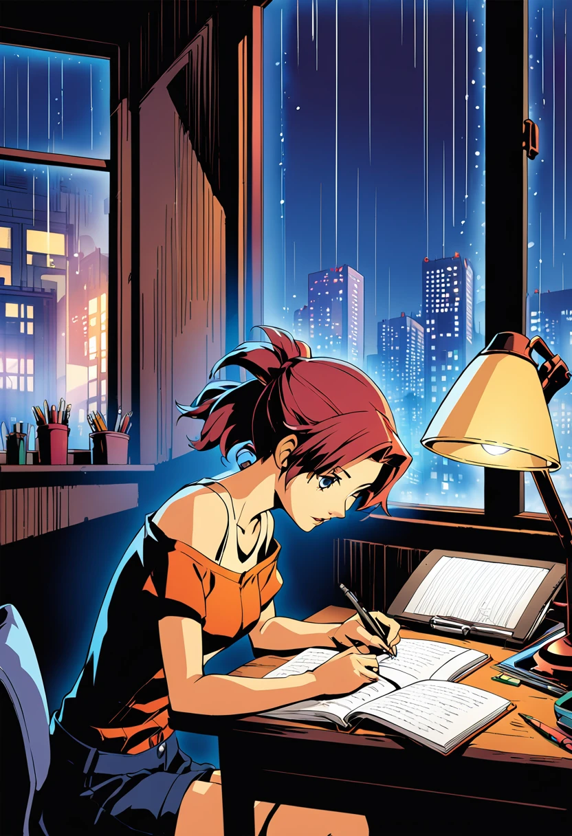 A nighttime cityscape serves as the backdrop for an anime-style illustration. The scene features a young woman sitting at a desk, writing in a notebook while studying. Rain is falling outside, with droplets visible on the window, and the city lights create a vibrant urban atmosphere. Inside the room, a desk lamp illuminates the woman and her workspace, casting a warm glow. The woman, styled in the characteristic look of manga artist Eguchi Hisashi, has long hair tied back in a ponytail and is dressed in a relaxed, off-shoulder top. She is focused on her notebook, writing with a pen. The desk is equipped with various items, including a cup filled with pencils and pens. The overall ambiance reflects a quiet, concentrated nighttime study session, highlighting both the tranquility of the city night and the woman's dedication.