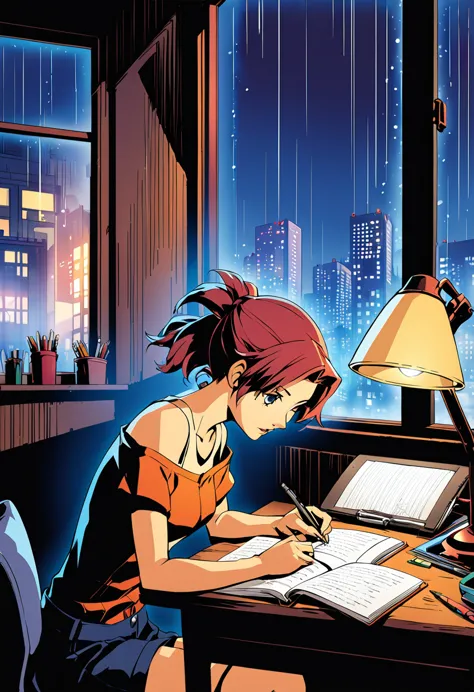 A nighttime cityscape serves as the backdrop for an anime-style illustration. The scene features a young woman sitting at a desk...