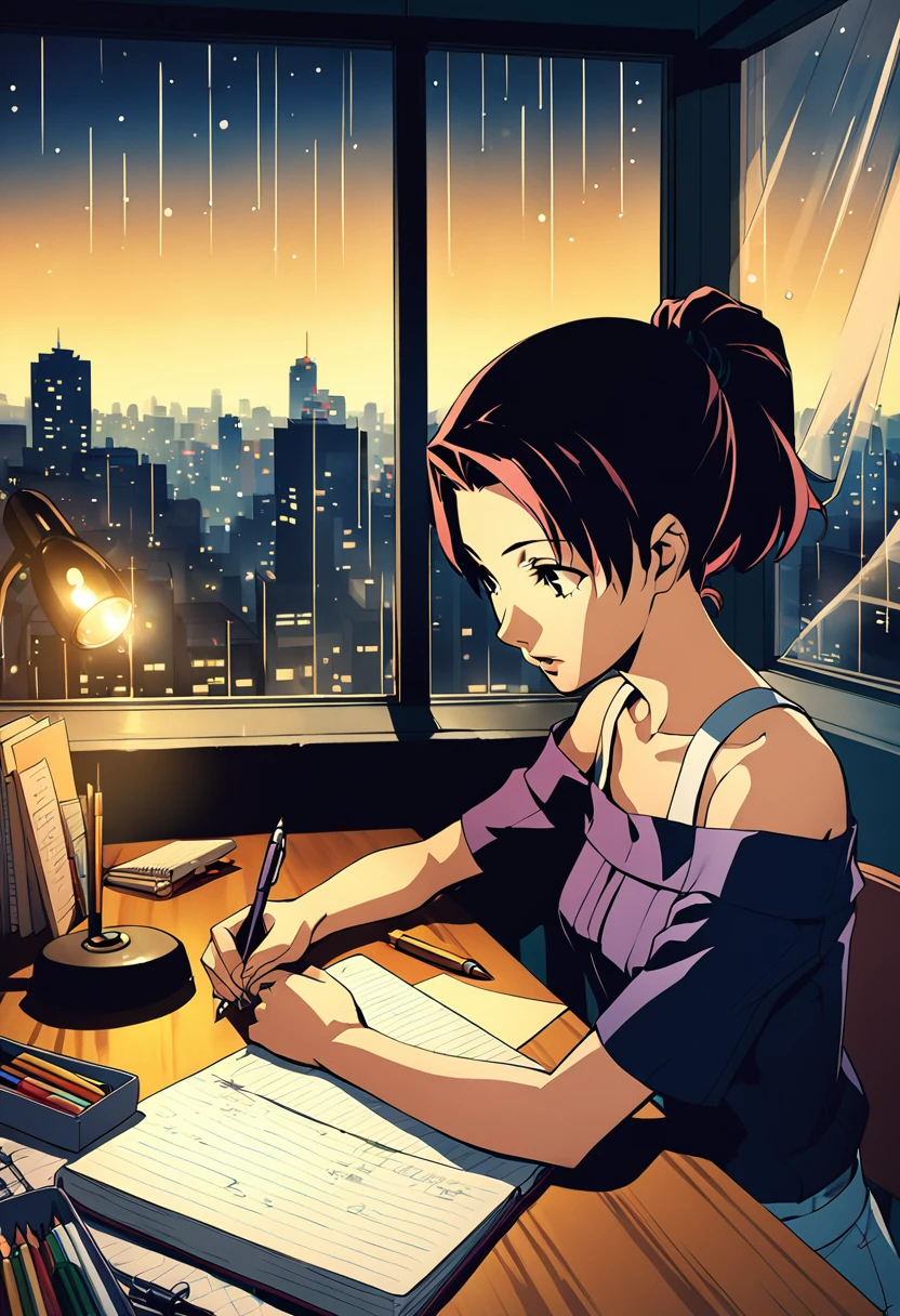 A nighttime cityscape serves as the backdrop for an anime-style illustration. The scene features a young woman sitting at a desk, writing in a notebook while studying. Rain is falling outside, with droplets visible on the window, and the city lights create a vibrant urban atmosphere. Inside the room, a desk lamp illuminates the woman and her workspace, casting a warm glow. The woman, styled in the characteristic look of manga artist Eguchi Hisashi, has long hair tied back in a ponytail and is dressed in a relaxed, off-shoulder top. She is focused on her notebook, writing with a pen. The desk is equipped with various items, including a cup filled with pencils and pens. The overall ambiance reflects a quiet, concentrated nighttime study session, highlighting both the tranquility of the city night and the woman's dedication.