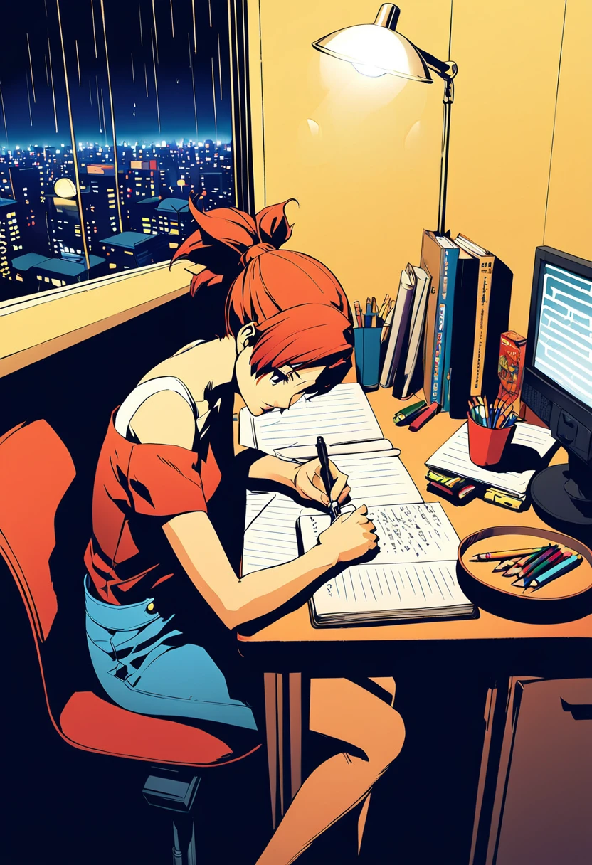 Un paisaje urbano nocturno sirve como telón de fondo para una ilustración de estilo anime.. La escena muestra a una mujer joven sentada en un escritorio., escribiendo en un cuaderno mientras estudio. Afuera está lloviendo, con gotitas visibles en la ventana, y las luces de la ciudad crean una atmósfera urbana vibrante. dentro de la habitación, Una lámpara de escritorio ilumina a la mujer y su espacio de trabajo., arrojando un cálido resplandor. La mujer, Diseñado con el estilo característico del artista de manga Eguchi Hisashi., Tiene el pelo largo atado en una cola de caballo y viste de manera relajada., top con hombros descubiertos. Ella está concentrada en su cuaderno., Escribiendo con un bolígrafo. El escritorio está equipado con varios elementos., Incluye una taza llena de lápices y bolígrafos.. El ambiente general refleja tranquilidad., Sesión de estudio nocturna concentrada, Destacando tanto la tranquilidad de la noche de la ciudad como la dedicación de la mujer..