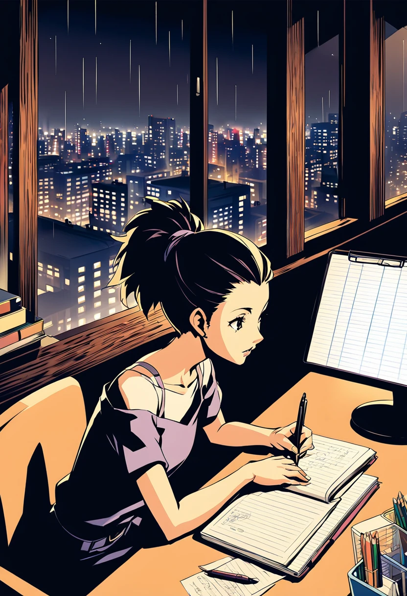 A nighttime cityscape serves as the backdrop for an anime-style illustration. The scene features a young woman sitting at a desk, writing in a notebook while studying. Rain is falling outside, with droplets visible on the window, and the city lights create a vibrant urban atmosphere. Inside the room, a desk lamp illuminates the woman and her workspace, casting a warm glow. The woman, styled in the characteristic look of manga artist Eguchi Hisashi, has long hair tied back in a ponytail and is dressed in a relaxed, off-shoulder top. She is focused on her notebook, writing with a pen. The desk is equipped with various items, including a cup filled with pencils and pens. The overall ambiance reflects a quiet, concentrated nighttime study session, highlighting both the tranquility of the city night and the woman's dedication.