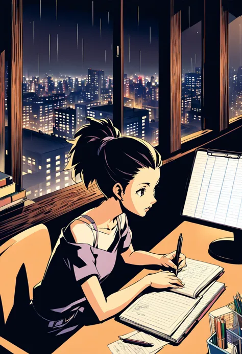 a nighttime cityscape serves as the backdrop for an anime-style illustration. the scene features a young woman sitting at a desk...