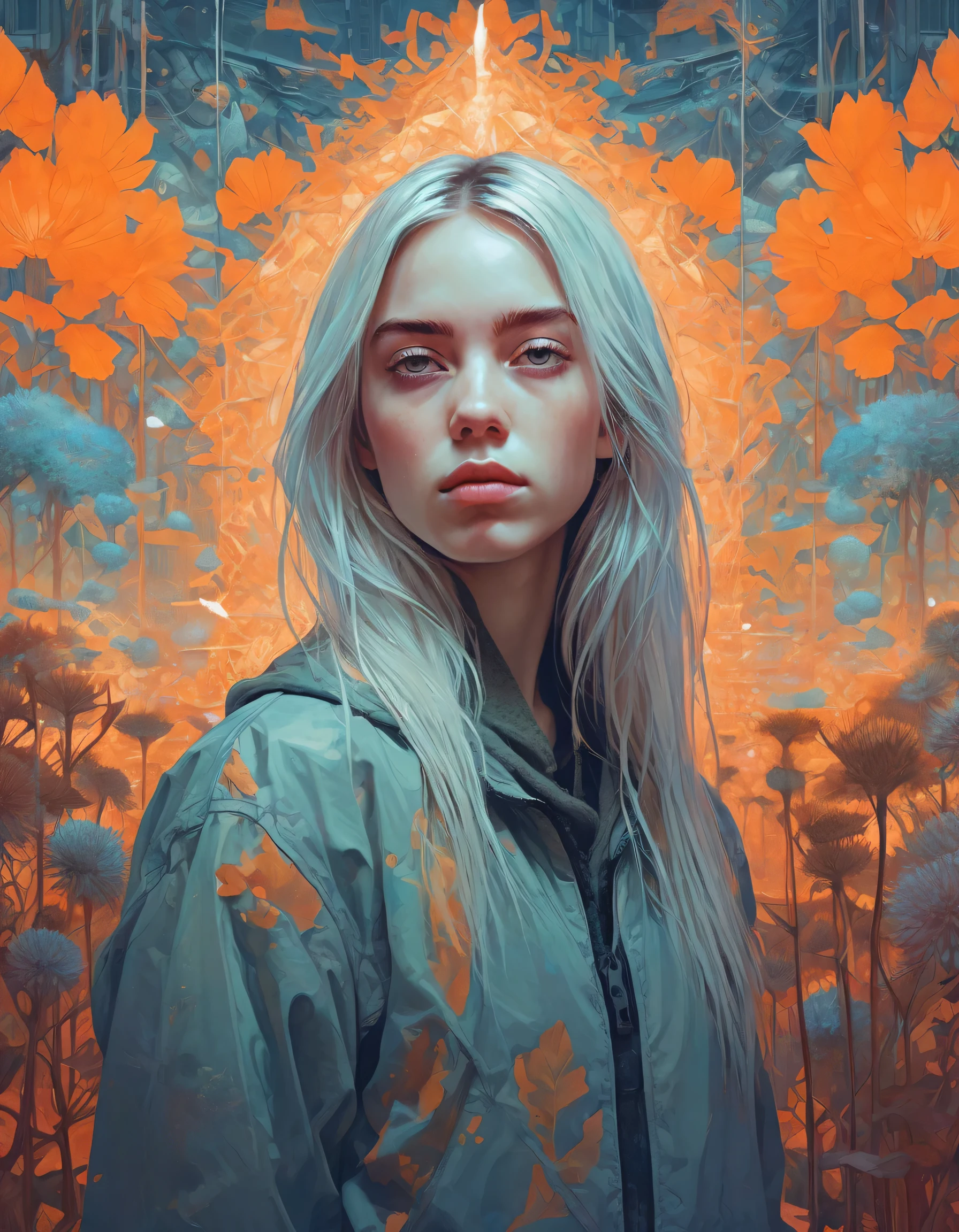 (Ohwx Woman) Very detailed, Digital paint, art station, standing, in front of the camera, Conceptual art, seeds, sharp focus, illustration, art by artgerm and alphonse mucha, high definition digital art, dramatic lighting, fractal networks in the background, al estilo de ilya kuvshinov y Ross tran